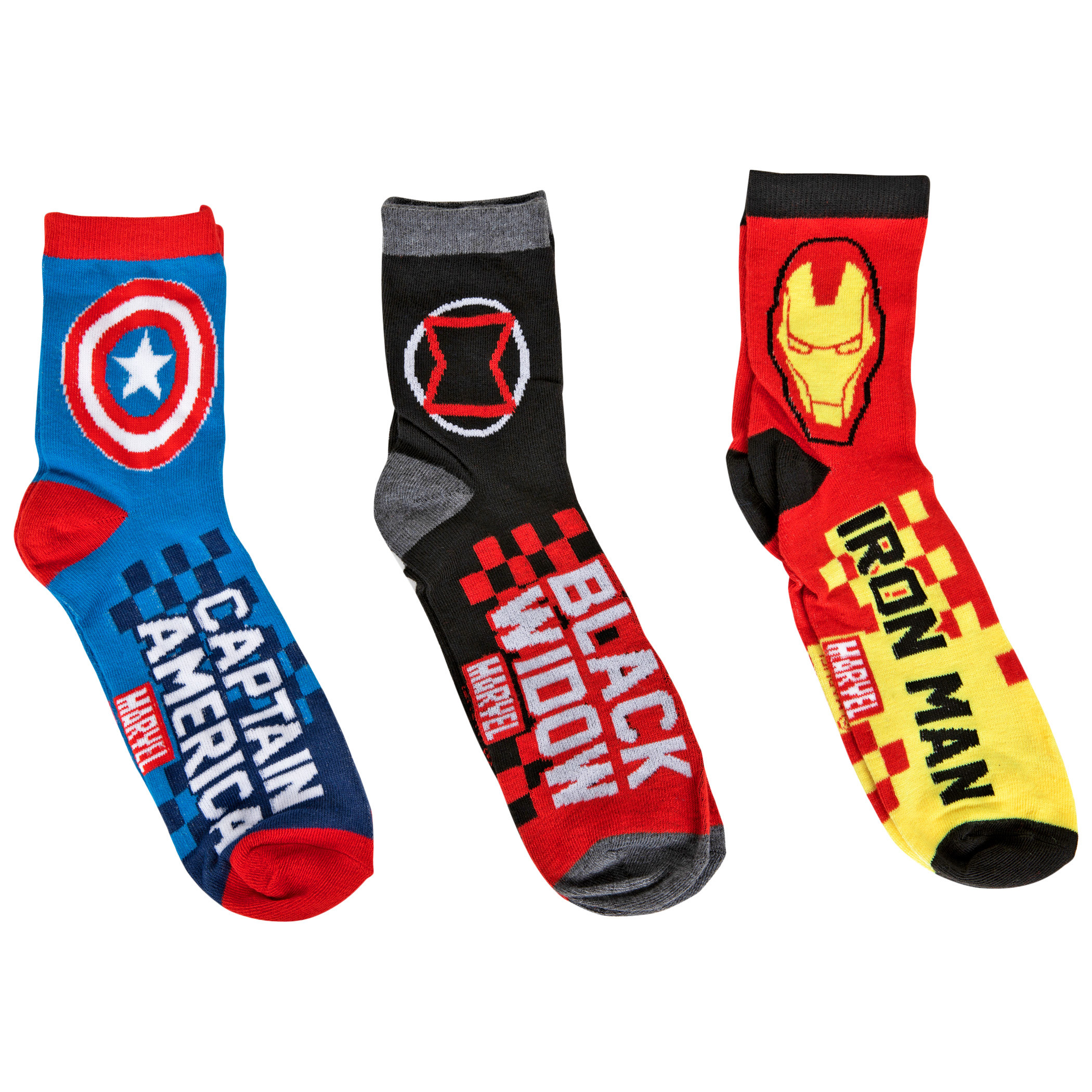 Captain America, Iron Man, and Black Widow Logos 3-Pair Pack of 3/4 Crew Socks
